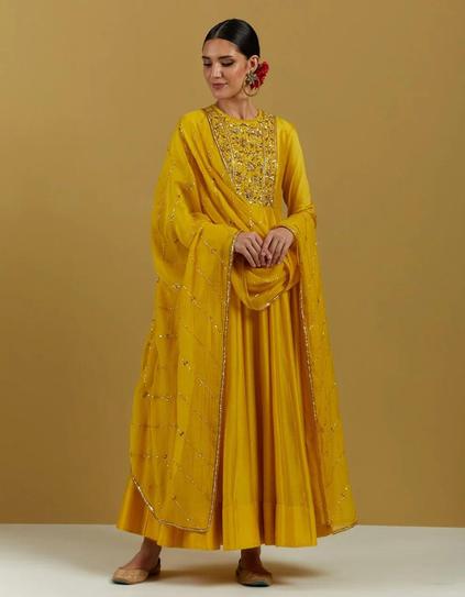 Yellow Hand Embroidered Floor Length Anarkali Suit