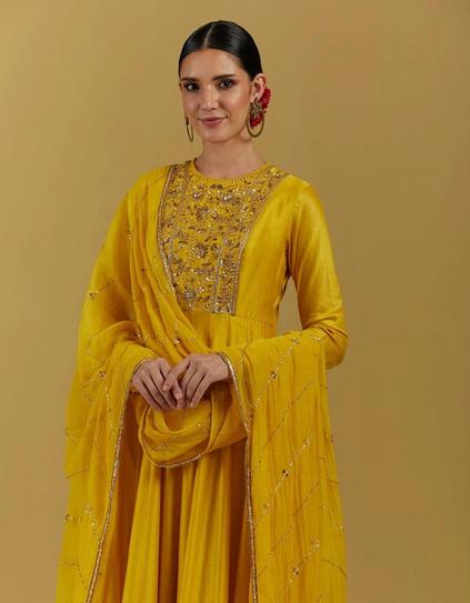 Yellow Hand Embroidered Floor Length Anarkali Suit