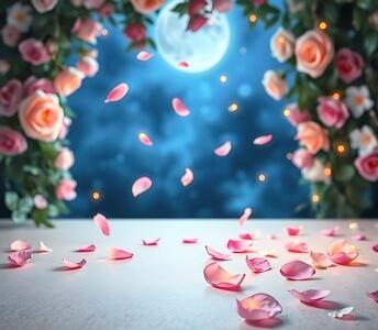 Artwork of a beautiful scene with the first coating of the snow by moonlight and pink roses*& pink rose petals falling and resting on the coating of snow 