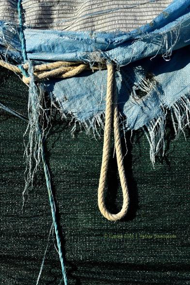 Imagen vertical donde predomina en sus dos tercios inferiores una lona de color verde y en la superior una celeste, de la que cuelga la lazada de una cuerda. 