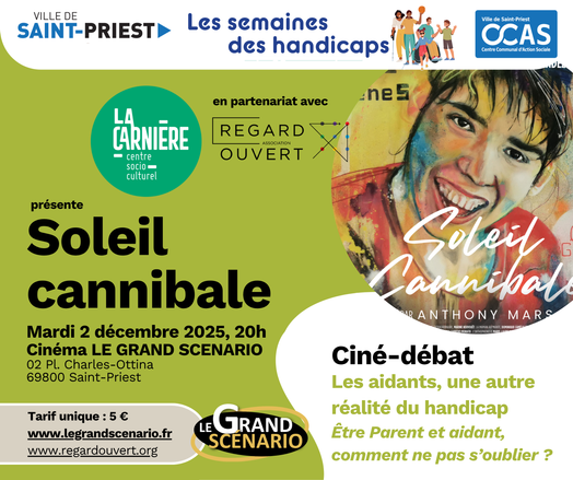 Affiche du ciné-débat sur les aidants à Saint-Priest (Rhône) le mardi 2 décembre à 20h. Entrée - 5€