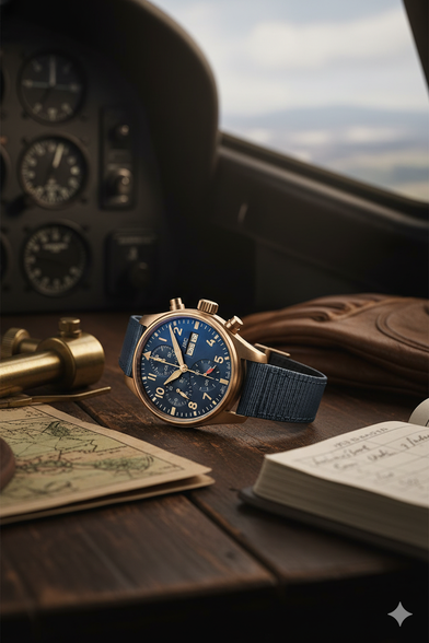 A luxury pilot-style wristwatch with a blue dial and gold casing rests on a wooden cockpit table beside a vintage map and flight notes, evoking a sense of travel, craftsmanship, and timeless elegance.