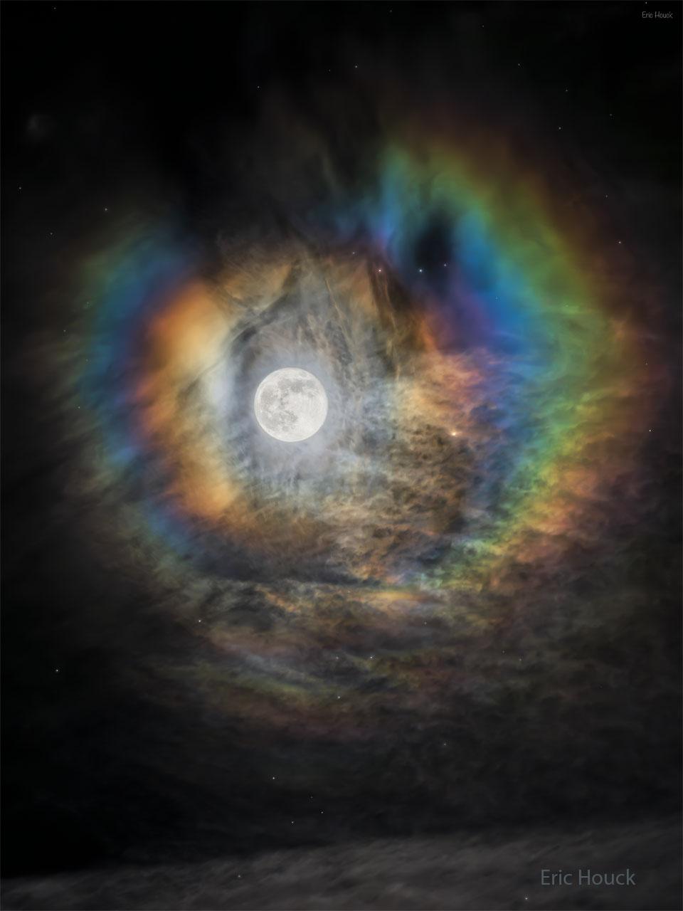 Since light of different colors has different wavelengths, each color diffracts differently. Lunar coronae are one of the few color diffraction effects that can be easily seen with the unaided eye. The featured image of a lunar corona was captured around last week's full Super Moon from near Knight's Ferry, California, USA. To the right of the full Moon is the giant orange star Botein. Similar coronae that form around the Sun are typically harder to see because of the Sun's great brightness.