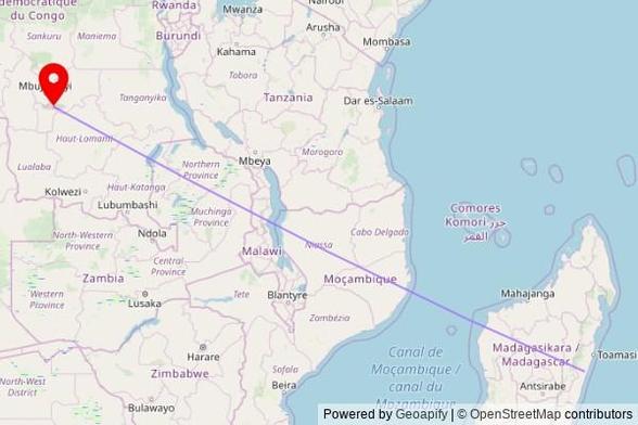 A map showing the great circle route from Mahatsara in Madagascar to a map pin at Peniel Tabernacle Ngandajika (Nouveau Temple), RP816, Ngandajika, Democratic Republic of the Congo