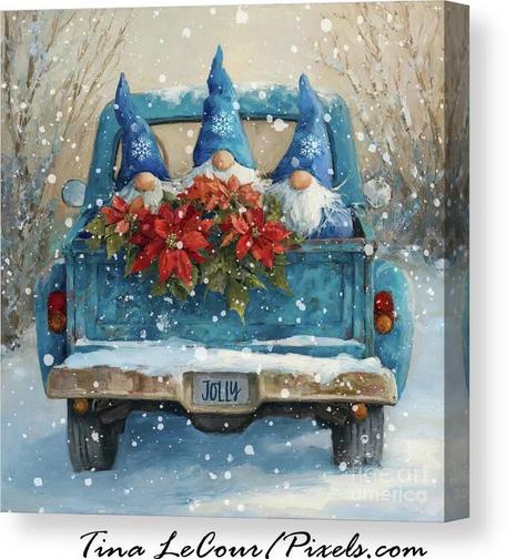 This is a whimsical canvas of three gnomes dressed in blue in a the back of a blue pickup truck with poinsettia  flowers during a snowfall.