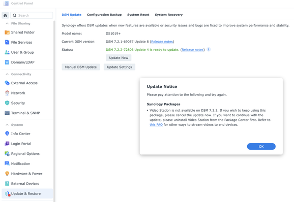 Synology NAS update notice for v7.2.2