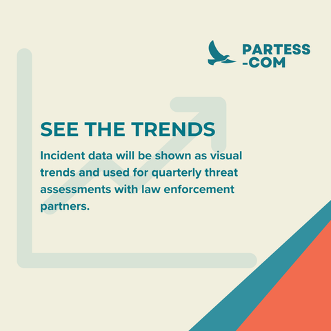Graphic titled “See the trends” with the PARTESS-COM logo. Text states that incident data will be shown as visual trends and used for quarterly threat assessments with law enforcement partners.