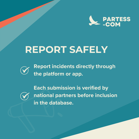 Graphic titled “Report safely” with the PARTESS-COM logo. Text explains that incidents can be reported directly through the platform or app, and each submission is verified by national partners.