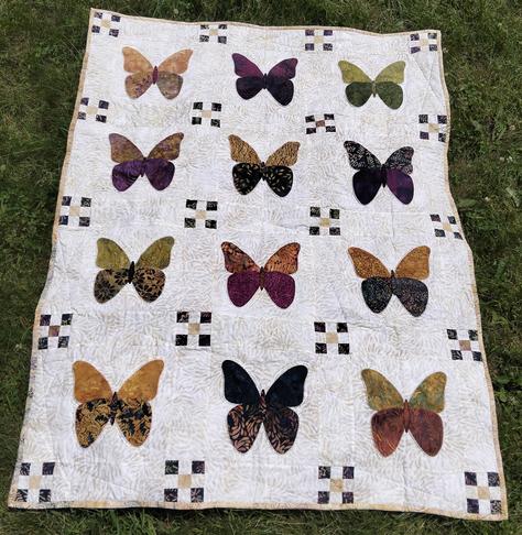 a quilt, it is 12 butterflies in rows of three, against a white background, nine-patch squares dividing the boxes at the corners 
