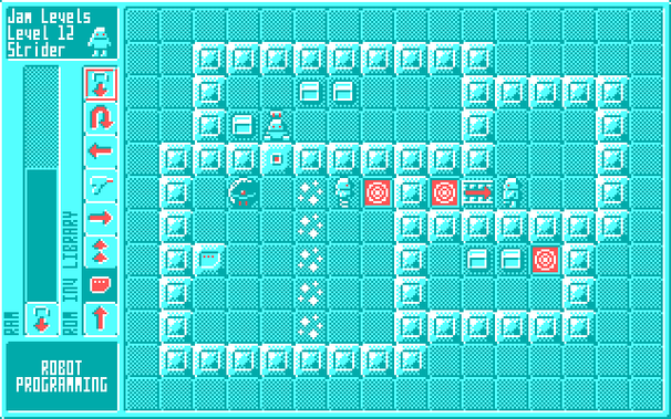 Soldier in the top chamber has shot the forcefield generator, turning what was a 2 cell thick forcefield into a 1 cell thick forcefield that can be jumped by any droid with a spring. That droid, Bouncer, is positioned next to a teleporter waiting to snatch up an item transported from elsewhere. Strider, in another chamber, is about to deposit the item next to a teleporter. When a "Take Item" action appears in the library, Strider can then push the item through the teleporter for Bouncer to pick up.