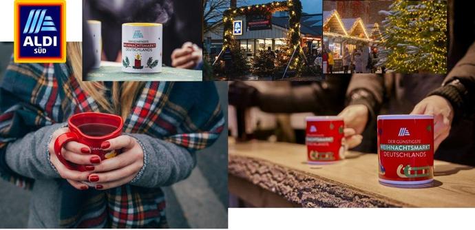 Symbolbild des Glühwein-Checks: Eine Collage von Glühweintassen und Weihnachtsmärkten, die auf die ALDI-Süd Aktion "günstigster Weihnachtsmarkt Deutschland" hinweisen sollen. Dort gibt es auf 4 ALDI Parkplätzen Glühwein für einen Euro  und andere günstige Weihnachts-Spezialitäten. 