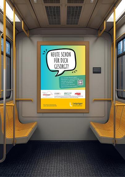 1 Plakat mit Sprechblase, darauf steht "Heute schon für dich gesorgt?". Es gehört zu unserer aktuellen Plakatkampagne.