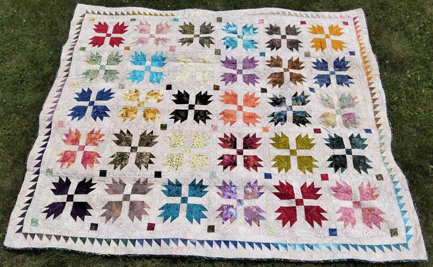 a large bright 30-window quilt, very colorful, each window a different bearpaw design, 4 of them around a single square, the border is strips of thin triangles, on a light backing