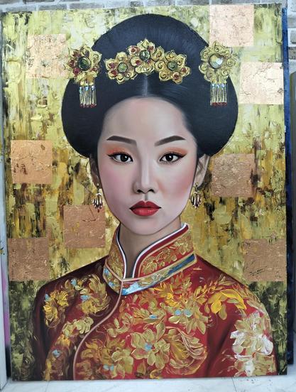 a painting of a female figure wearing elaborate dress, a red dress with gold embellishments, curling floral and vegetative designs, she is looking at the viewer, seen from her chest up, a gold background, she has golden ornaments in her hair