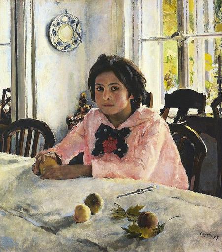 a painting of a girl, about 11 or 12, sitting at a table with a white table cloth on it, a few yellow peaches on the table, she has a peach in her hands and is looking at the viewer with a calm but guarded expression, wearing a pink shirt with a large blue bow on the front, large windows behind her showing green grass and trees outside 