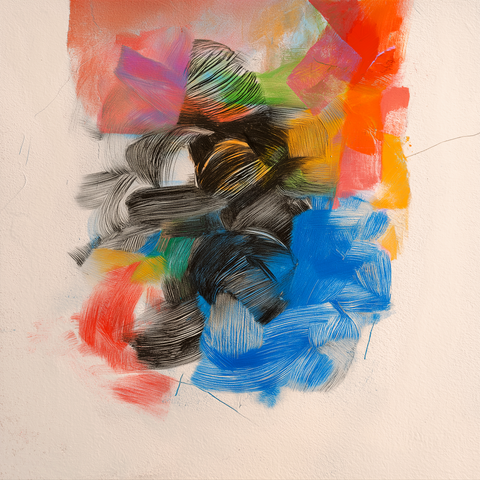 This piece feels like a burst of movement contained in a small space—a cluster of sweeping brushstrokes layered in bright reds, blues, greens, and oranges, all orbiting around dense black strokes in the center. The black marks give the painting its emotional weight, almost like the core of a storm, while the colorful strokes surrounding it feel lighter, more energetic, and more spontaneous. The background is left mostly untouched, which makes the central swirl pop even more, as if all the color has been condensed into one tight, expressive motion. The overall effect is lively, textural, and full of momentum.