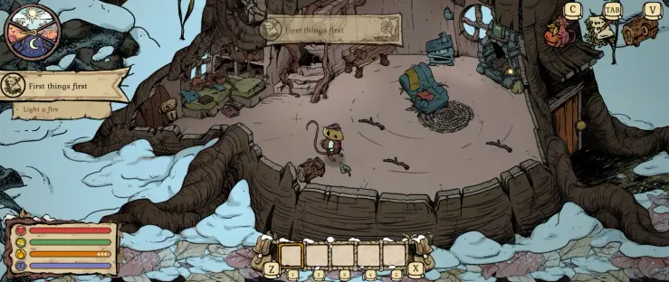 A 2560x1080 screenshot of the first gameplay scene of Winter Burrow.