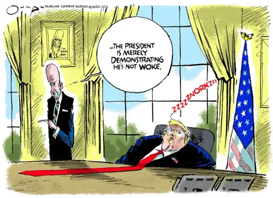 Cartoon by Jack Ohman

Donald Trump, bloated and with a long red tie draped across the desk he's seated at, is fast asleep ("ZZZZNORKZzz"). 

To the left (his right) there is on the wall a portrait of Biden, saying "I'M AWAKE".
Below the portrait, an evil looking crony/aide points a crooked finger and says,

"...THE PRESIDENT IS MERELY DEMONSTRATING HE'S NOT *WOKE*."
