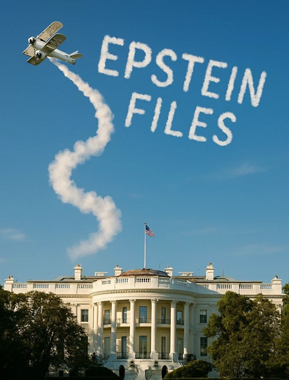 The image depicts a bright, clear day with the White House in the foreground and an airplane writing a message in the sky. The White House is prominently featured, appearing as a classic white building with columns, windows, and a dark roof. Above the White House, a small airplane is trailing white smoke to create a message in the clear blue sky. The message, written in curved, flowing smoke, reads “EPSTEIN FILES” in capital letters. An American flag is flying on a flagpole in front of the White House, partially obscured by trees. 