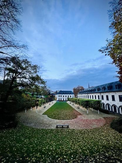 This image captures a high-angle view of a formal autumnal garden or courtyard under a cloudy sky. A central grassy area, bordered by gravel paths, is covered with fallen light-colored leaves. Benches are positioned on the grassy slope in the foreground and along the path.

Small, bare trees with white-painted trunks and pruned canopies line the central lawn, creating an avenue. To the right, a long, white, multi-story building with a dark pitched roof and arched ground-floor openings runs parallel to the garden. A large, dark-leaved tree partially frames the left side.

In the background, another elegant white, three-story building stands at the end of the lawn. Other structures and bare trees are visible beyond, contributing to an impression of a grand, symmetrical, and serene autumnal setting.