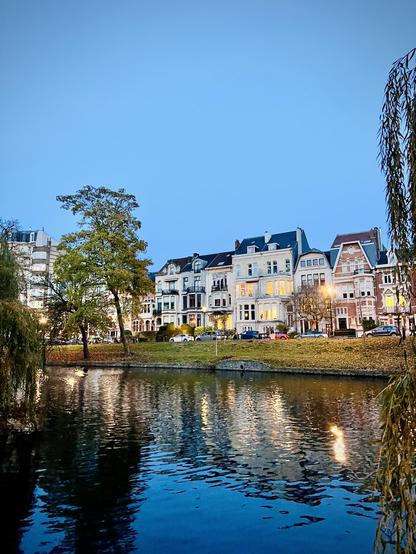 This image shows a serene canal lined with elegant buildings, likely at dusk or on an overcast day. The calm, dark blue-green canal water in the foreground reflects lights from the buildings and sky. Weeping willow branches frame the water on the left and right.

Across the canal, a grassy embankment with parked cars is visible, illuminated by a street lamp. The midground features a row of distinct, multi-story European-style townhouses and apartment buildings. These structures have light-colored facades, dark roofs, and numerous windows, many with warm, glowing interior lights. Balconies and ornate details add to their character. A taller, more modern building with many windows and balconies is on the far left.

A single tree with green-yellow leaves stands on the left side of the far bank. The sky above is a uniform, pale grey-blue. The overall impression is one of peaceful urban charm, with the glowing windows creating warmth against the cool, dim light.