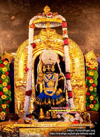 Idol of Hindu deity Krishna in blue (black and gold lined border) standing on a gold-covered pedestal, a gold-covered staff in right hand, left hand on front left waist; wearing gold shoes, gold palm coverings, a dome-shaped pearl crown, and lots of gold ornaments including a long necklace made from gold coins. An ornate gold arch with broad sides behind Krishna. A small gold umbrella at the middle top of the arch. A string of white flowers (some red roses) hang down from the top of the umbrella and flow to floor on both sides of Krishna. Dark blue background. Two strings of betel leaves with yellow flowers on them hang at the edges of the background.