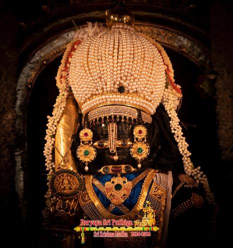Super closeup of idol of Hindu deity Krishna in blue, showing Krishna chest above. Just the top of a gold-covered staff in right hand is visible; wearing a dome-shaped pearl crown, and lots of gold ornaments. A string of jasmine buds (that look like pearls) come out from behind the pearl crown and flow down on both sides of Krishna.