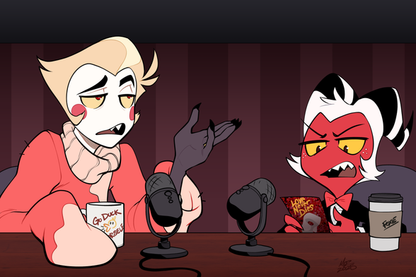 Lucifer Morningstar from Hazbin Hotel in his comfy sweater and Moxxie from Helluva Boss speaking into microphones discussing the Phantom of the Opera sequel Love Never Dies.