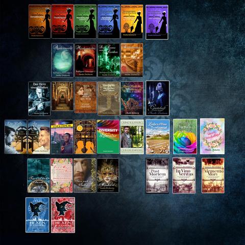 34 bookcover of Amalia Zeichneri (in German), all crammed into one image. The titles and the author name, as well as the motifs are hardly recognizable due to the small size.