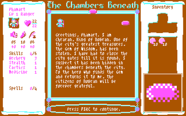 Phamart the Ranger meets King Chraran of Nobran, who tells Phamart of the loss of the Gem of Wisdom. Gems are one of the four items that can be the object of the main quest. A gem is shown enlarged in the inset.