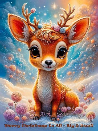A cute reindeer with large eyes is surrounded by fluffy clouds and colorful baubles. Blue and orange hues enhance the magical ambiance.
A sweet baby reindeer sits nestled in a dreamy winter wonderland, surrounded by soft clouds and candy-colored trees that sparkle under a golden and twilight sky. With big, gentle eyes and a tuft of soft fur curling between its antlers adorned with pastel pom-poms, this little reindeer seems to embody the very spirit of Christmas magic. The air glows with starlight and wonder, wrapping the scene in warmth and innocence. It’s a tender reminder of the joy and love that fill the season — truly a moment of “Merry Christmas to All — Big and Small!”
In a land where snowflakes sparkle like tiny stars, a little reindeer sits happily among fluffy white clouds and sugar-puff trees. His bright eyes shine with joy, and his tiny antlers are decorated with colorful pom-poms that twinkle in the light. The sky glows with soft shades of pink, gold, and blue, as if Christmas magic itself is painting the world around him. This cheerful reindeer is ready to share smiles, love, and a wish that everyone—big and small—has the merriest Christmas of all!
A feel a greeting card or product of this image would be suitable for small children.
THE FINE ART AMERICA LOGO WILL NOT APPEAR ON PURCHASED PRINTS OR PRODUCTS.