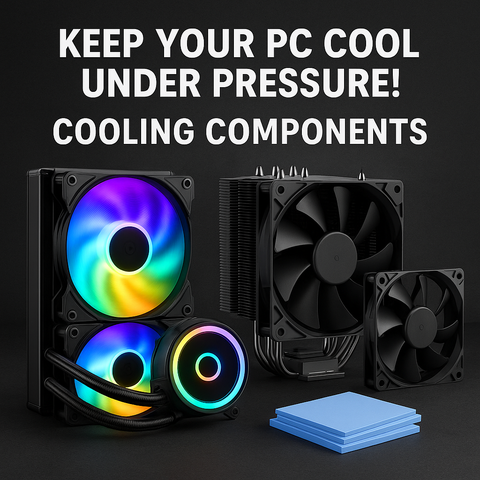 Sélection de composants de refroidissement PC : watercooling RGB, ventirad, ventilateurs et pads thermiques – mise en scène sur fond sombre pour inmedia.