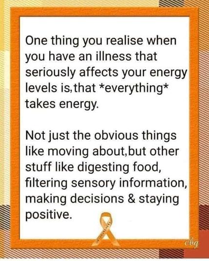 One thing you realise when you have an an illness that seriously affects your energy levels is, that *everything* takes energy. Not just the obvious things like moving about,but other stuff like digesting food, filtering sensory information, making decisions & staying positive.