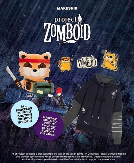 A poster for the Makeship items from Project Zomboid. A hoodie, with fau-blood spatter and stiching, a spiffo plush wearing a bandana, holding a fau machete, with a green backpack, and a selection of stickers