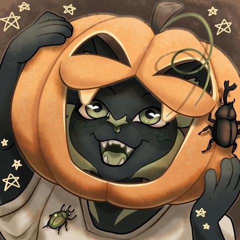 An anthropomorfic cat is holding a big pumpkin with a cute face carved in. Some bugs are crawling but they don't seem to matter