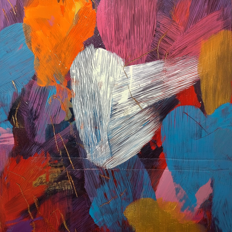 An abstract painting filled with bold, sweeping strokes in vibrant colors. Large patches of pink, orange, teal, purple, red, and gold overlap each other, creating a sense of movement and layered depth. Near the center, a striking white brushstroke cuts horizontally across the canvas, textured with fine linear grooves that contrast with the smoother surrounding colors. The background contains dark purples and blues, while vivid shapes in orange and gold appear to float above them. Thin streaks of gold paint run irregularly through the piece, adding subtle shine and dynamic tension. The entire artwork feels energetic and expressive, with broad gestures and rich textures blending into a lively, colorful composition.