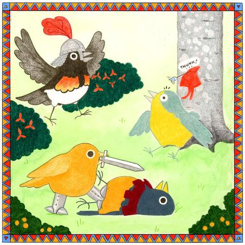 The red knight marches aggressively through bushes to our peasant warblers. Bagglyn has had her red hat shot off and stuck to the trunk of a tree by the blue knight. Grell is lying prone on the ground with a blank look on his face. The yellow knight has her boot on Grell with her sword pointed directly at him.