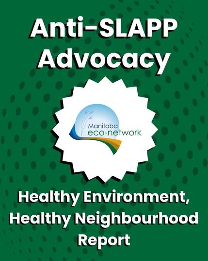 “Anti-SLAPP Advocacy. Healthy Environment, Healthy Neighbourhood Report.” The Manitoba Eco-Network logo is in the middle of the image.