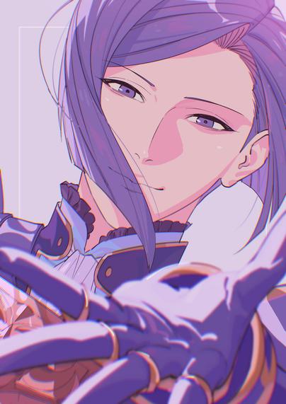 original fanart of Lorenz Hellman Gloucester from Fire Emblem: Three Houses, rendered in a soft anime style with purple hair, piercing eyes, and his timeskip armor accented in gold