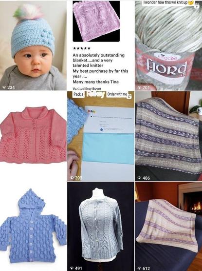 Collage of knitted items including hats, cardigans, blankets, yarn, and a Folksy order; some shown on baby, mannequin, or folded on furniture.
