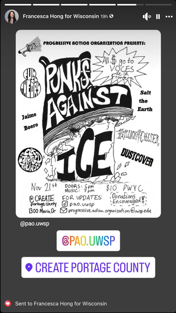 Flyer for an anti-ICE punk show in Wisconsin.