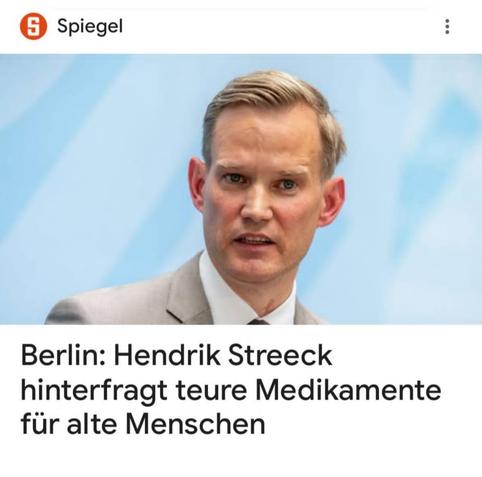 Screenshot einer Nachricht des "Spiegel": "Hendrk Streeck hinterfragt teure Medikamente für alte Menschen"