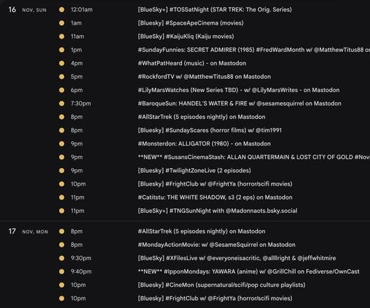 watch party event listing for SUN-MON, Nov. 16-17