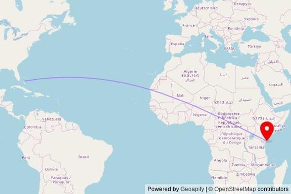 A map showing the great circle route from North Andros in the Bahamas to a map pin at ACK Saint Clement Church, Malindi-Garsen Road, Sabaki ward, 80200, Kenya