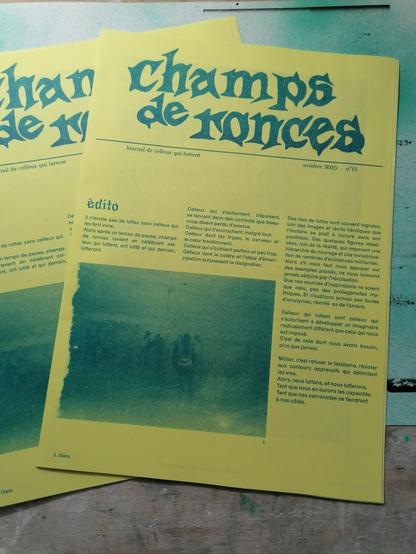 Couverture d'un fanzine sur papier jaune à l'encre bleue foncé