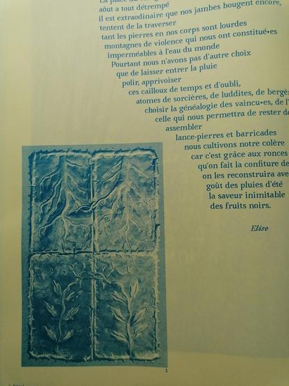 Une page du fanzine avec un poème et une photo d'une œuvre embossée sur métal