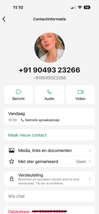 Screenshot van niet opgenomen Whatsapp spraakoproep. Het telefoonnummer begint met +91 wat het landnummer van India is.be