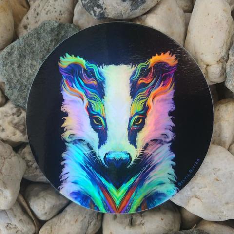 Holographic Sticker of my artwork Breezy Badger: A cute and colorful badger portrait. https://www.deviantart.com/sylviaritter/art/Breezy-Badger-584218196