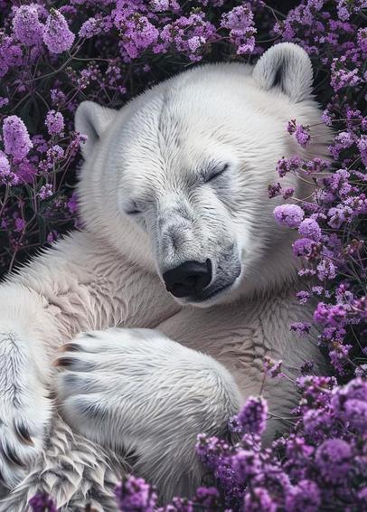 Artwork of a beautiful sleeping polar bear cuddled into a soft bunch of lavender colored flowers 