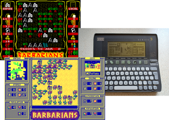 Three of the platforms on which Barbarians has been released. Top to bottom: a screenshot from the ZX Spectrum version, a Psion Series 3 running the game, and a screenshot from the MS-DOS version.